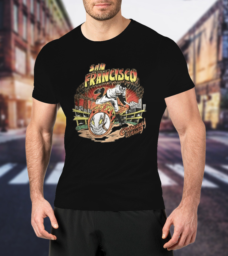 San Francisco Giants Skeleton Pitcher Flaming Baseball Golden Gate Bridge Carraway Clothing T-Shirt