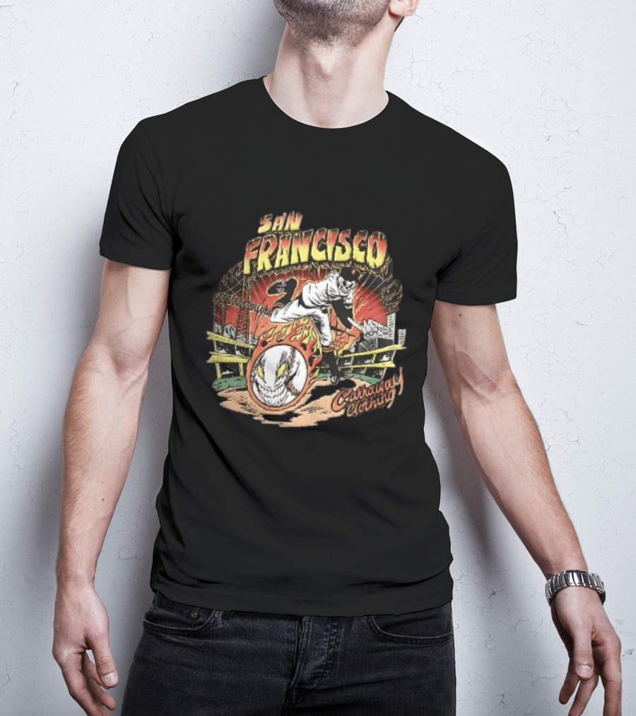 San Francisco Giants Skeleton Pitcher Flaming Baseball Golden Gate Bridge Carraway Clothing T-Shirt