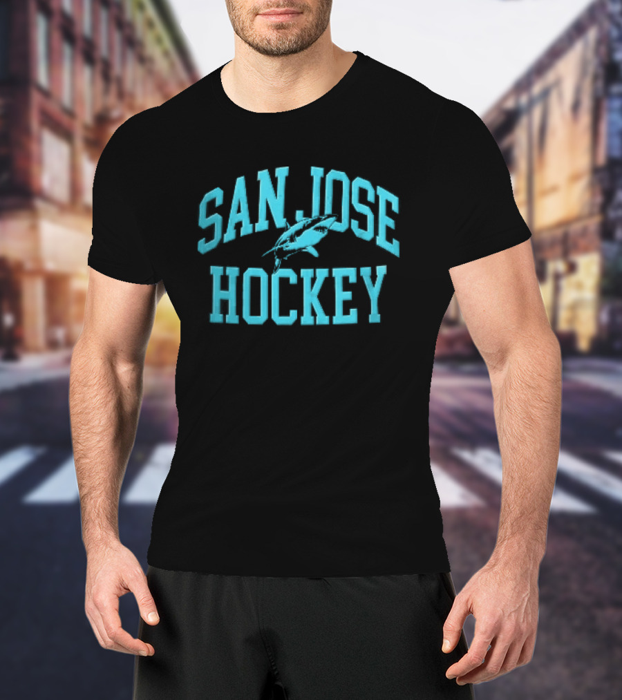 San Jose Hockey Great White Shark Arched Teal Halftone T-Shirt