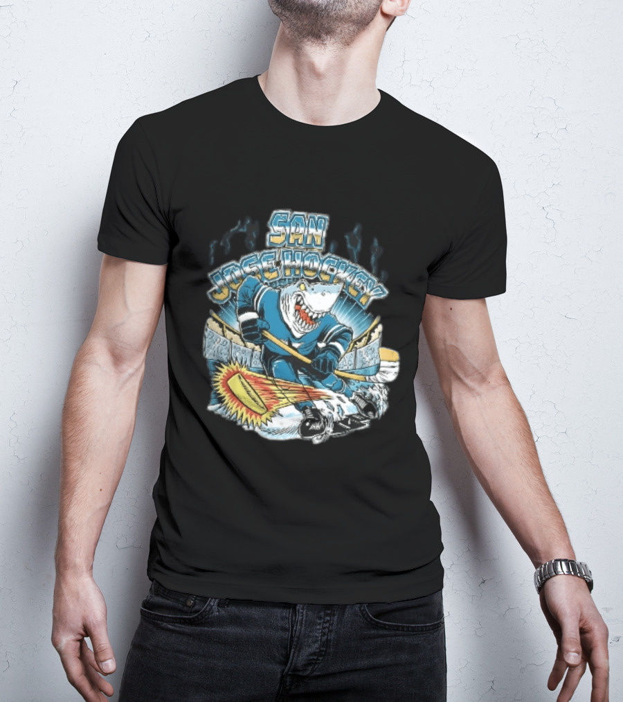 San Jose Hockey Cartoon Skating Shark Flaming Puck Ice Rink T-Shirt