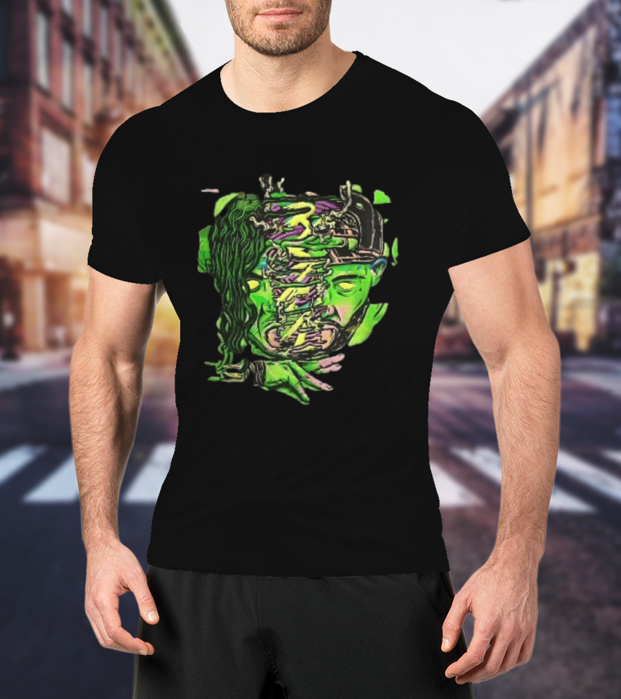 Split Green Head Glowing Yellow Eyes Neon Cartoon Halftone T-Shirt