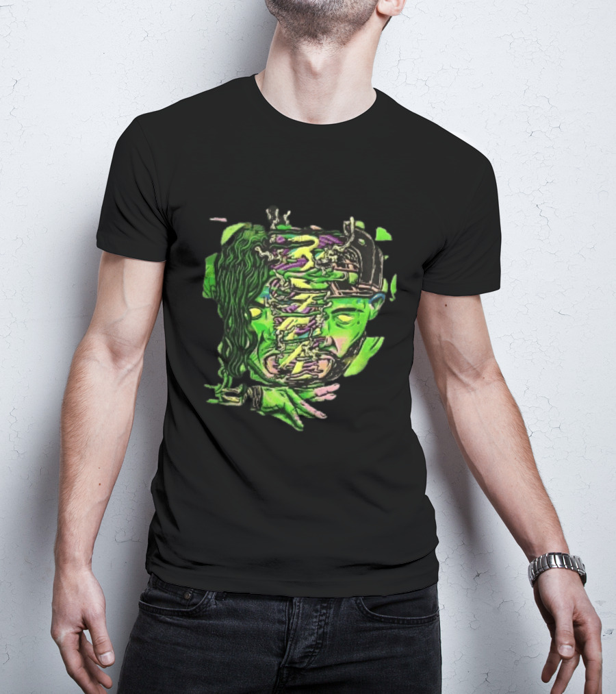 Split Green Head Glowing Yellow Eyes Neon Cartoon Halftone T-Shirt