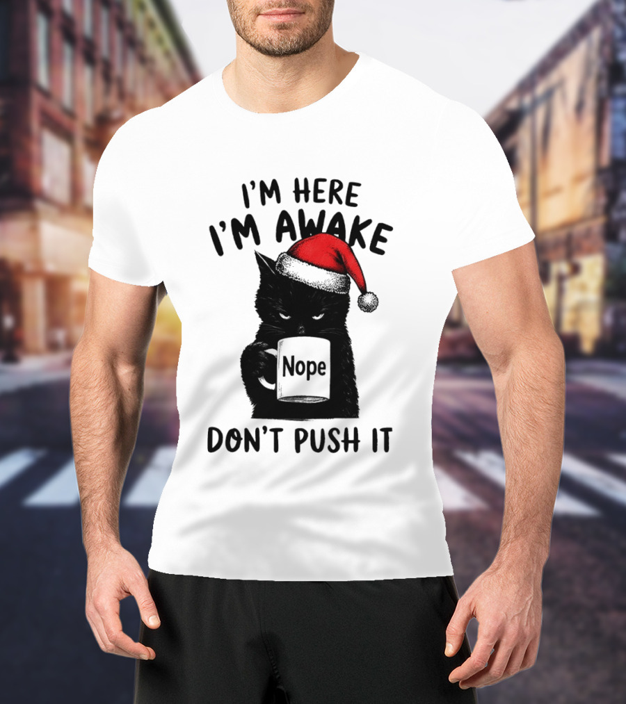Black Cat Santa I'm Here I'm Awake Nope Don't Push It Holiday T-Shirt