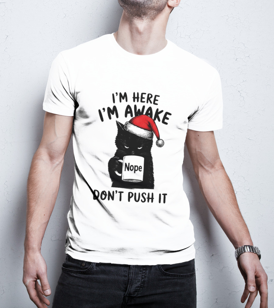 Black Cat Santa I'm Here I'm Awake Nope Don't Push It Holiday T-Shirt
