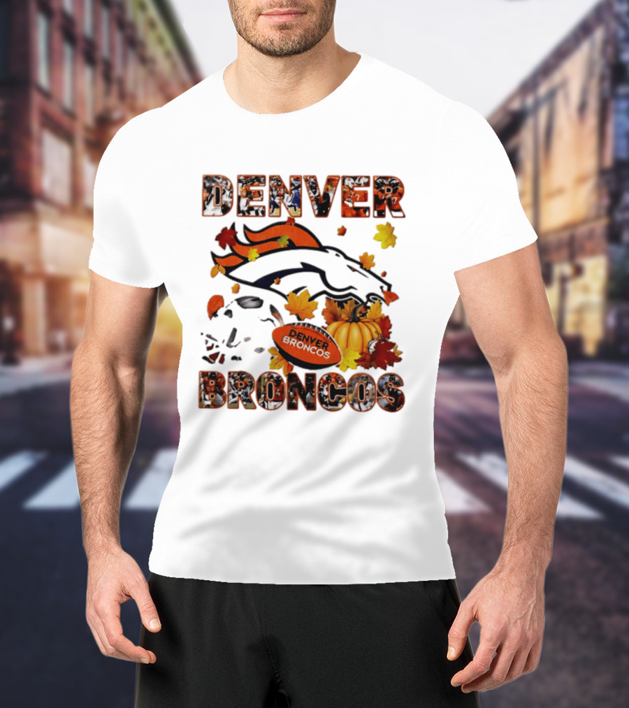 Denver Broncos Football Autumn Fall Leaves Pumpkin Halloween 2026 T-Shirt
