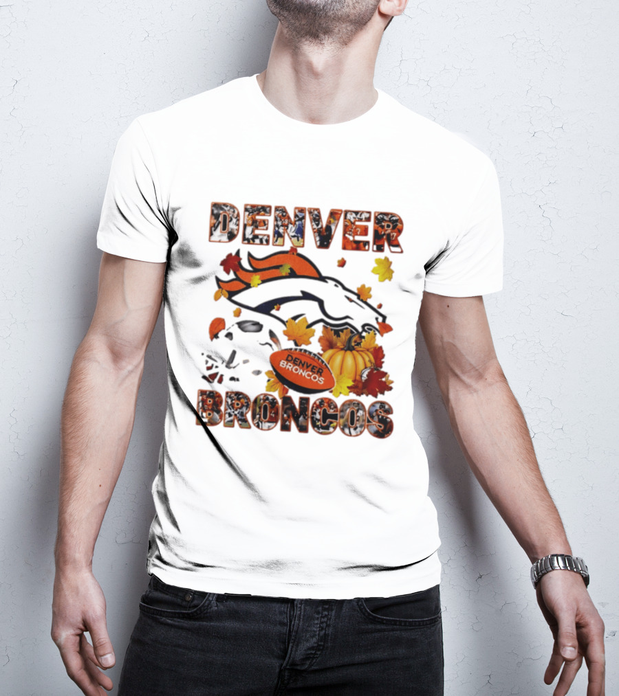 Denver Broncos Football Autumn Fall Leaves Pumpkin Halloween 2026 T-Shirt