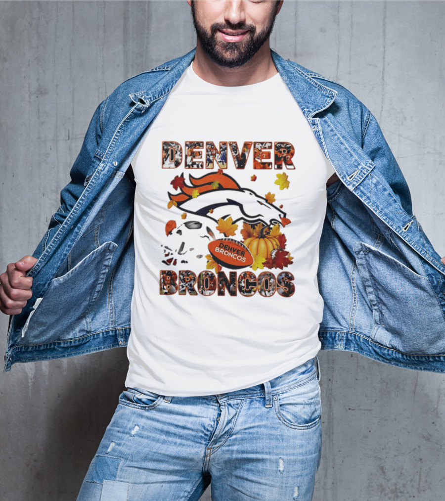 Denver Broncos Football Autumn Fall Leaves Pumpkin Halloween 2026 T-Shirt