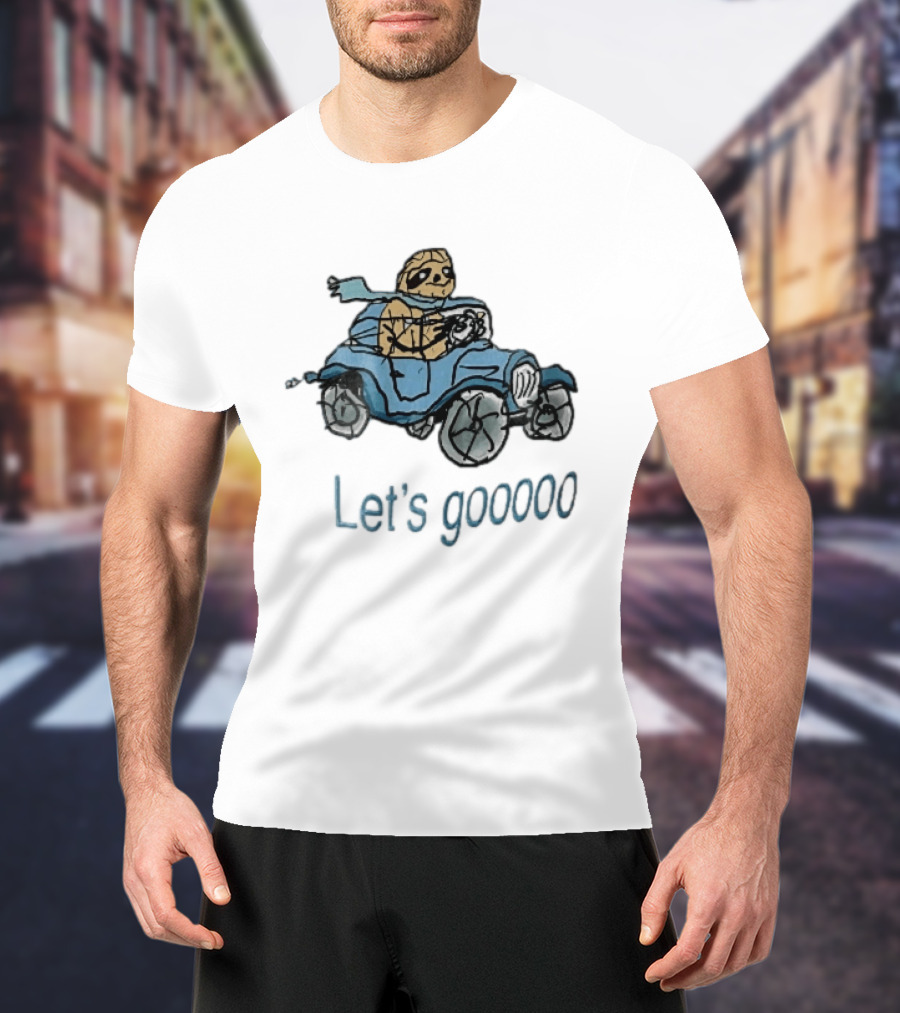 Let's Gooooo Cartoon Sloth Scarf Driving Blue Car Sketch T-Shirt