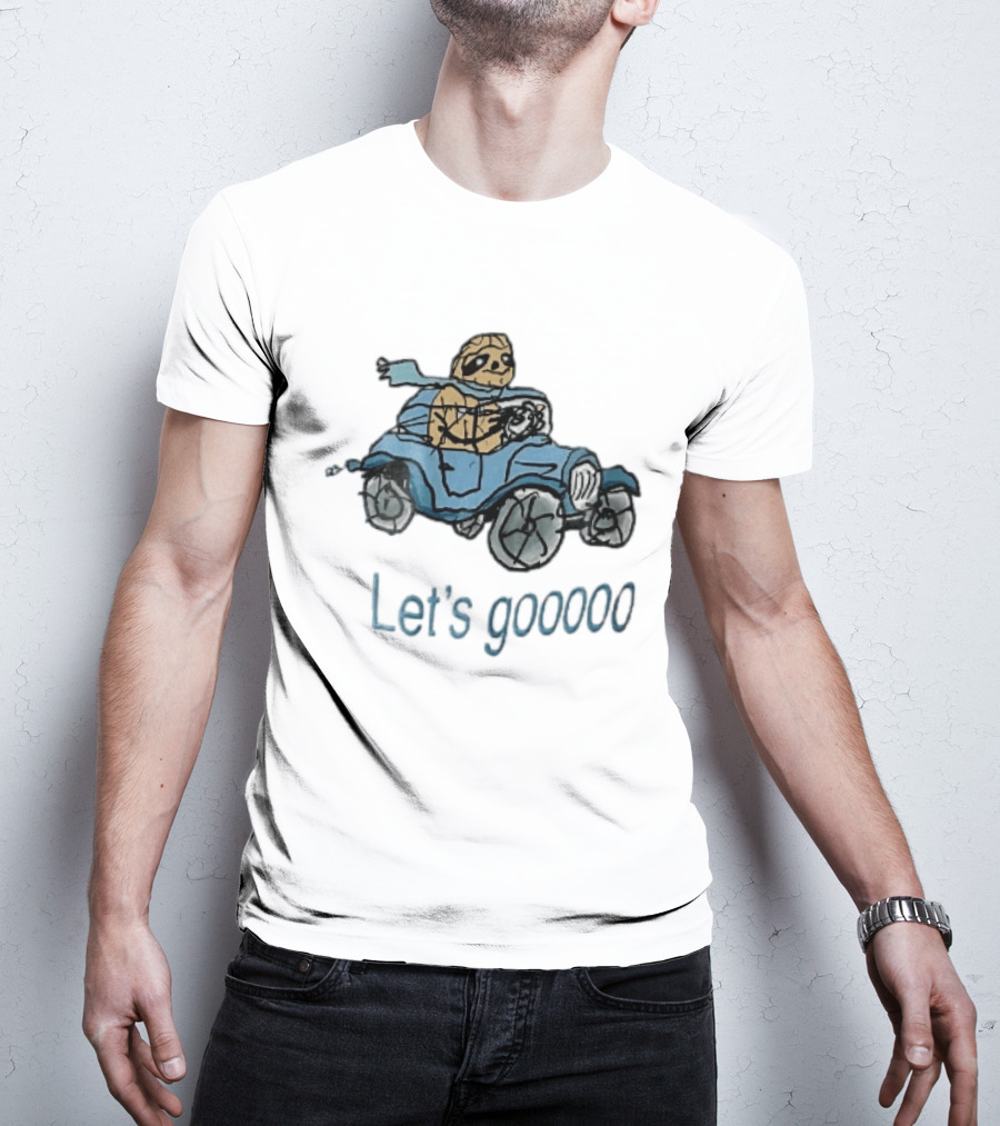 Let's Gooooo Cartoon Sloth Scarf Driving Blue Car Sketch T-Shirt