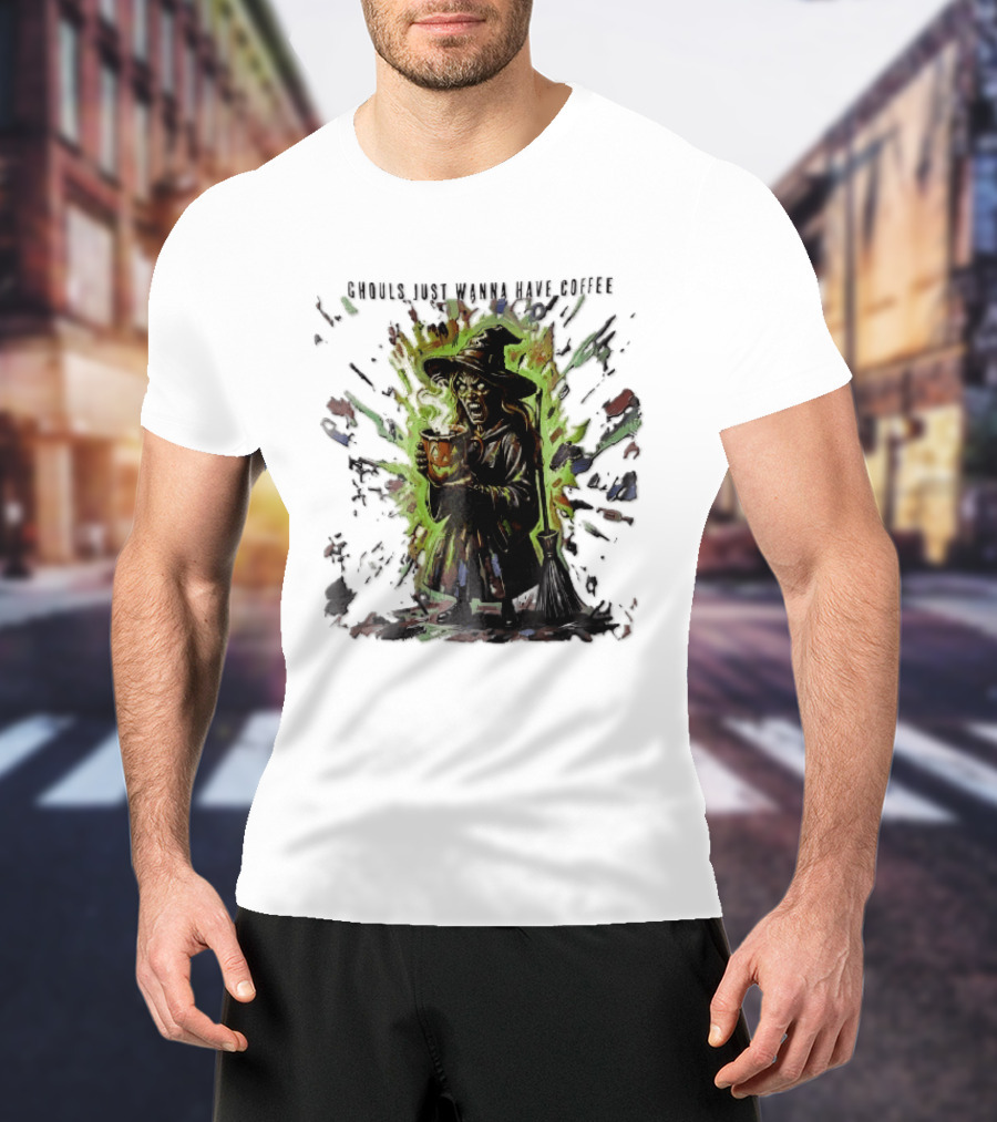 Ghouls Just Wanna Have Coffee Witch With Pumpkin And Broom Colorful Splatter T-Shirt