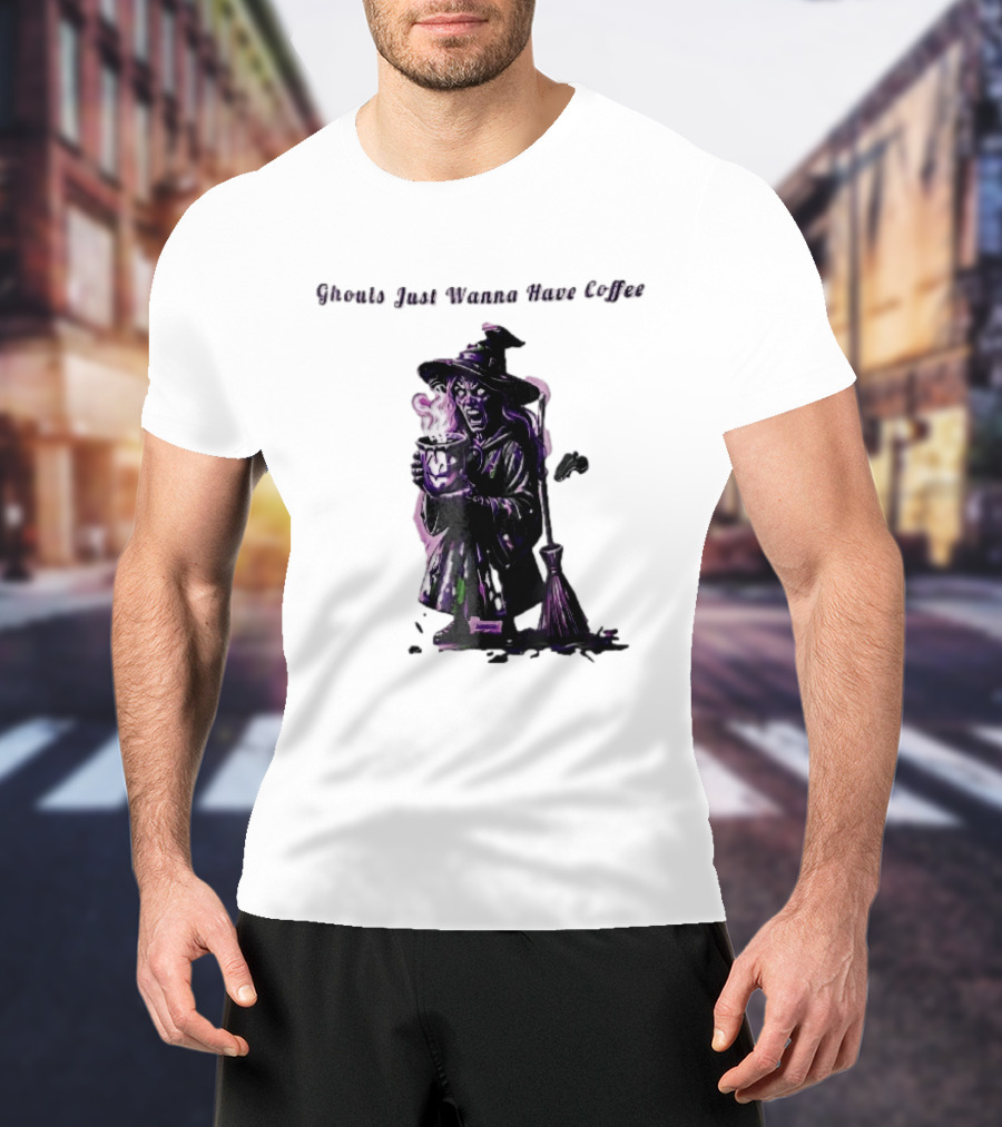 Ghouls Just Wanna Have Coffee Witch Holding Steaming Broomstick T-Shirt