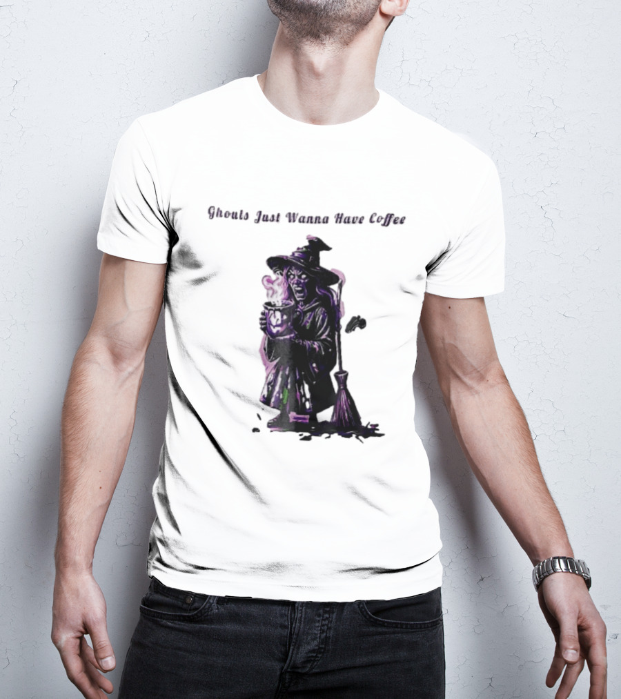 Ghouls Just Wanna Have Coffee Witch Holding Steaming Broomstick T-Shirt