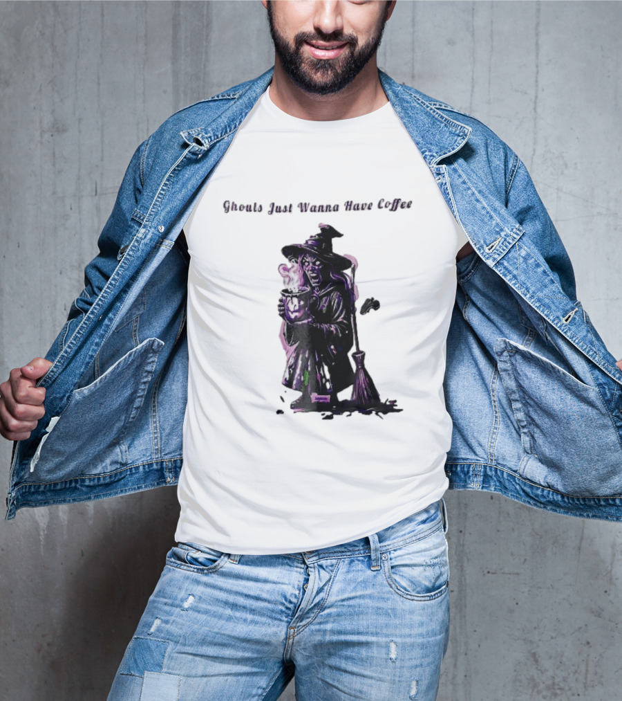 Ghouls Just Wanna Have Coffee Witch Holding Steaming Broomstick T-Shirt
