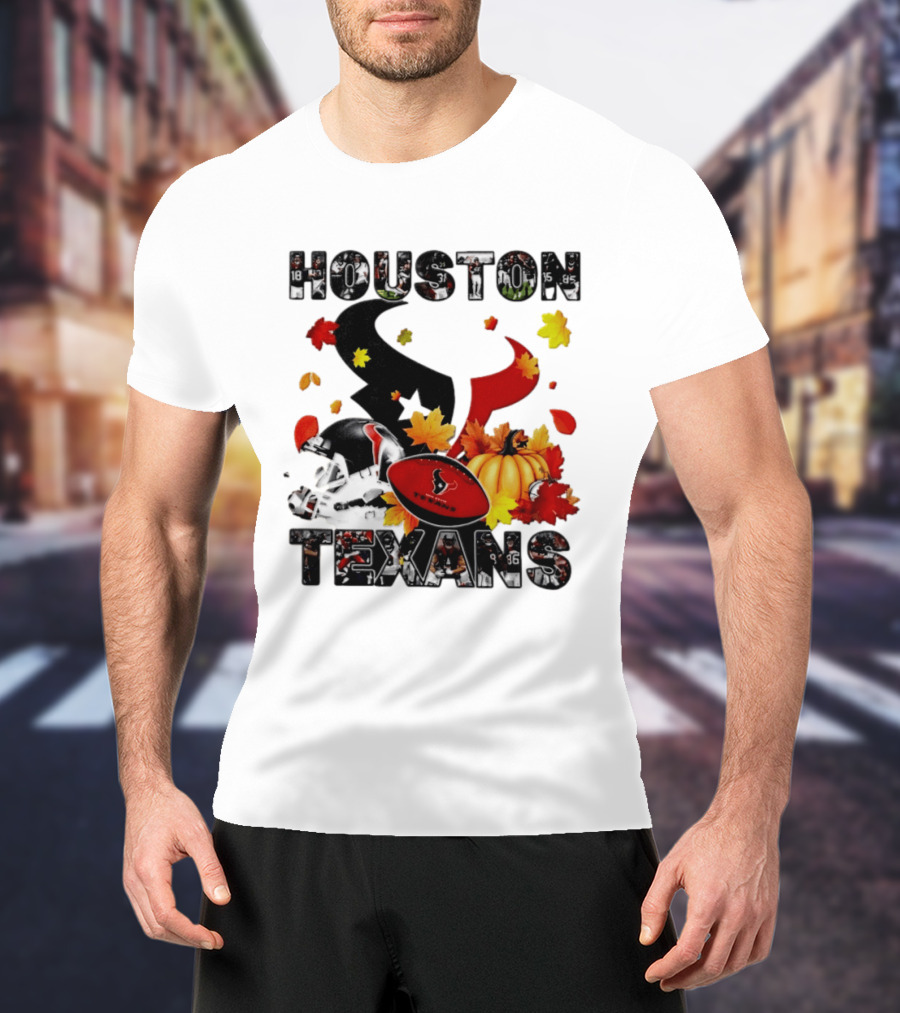 Houston Texans Football Autumn Fall Pumpkin Helmet Leaves 2026 Halloween T-Shirt