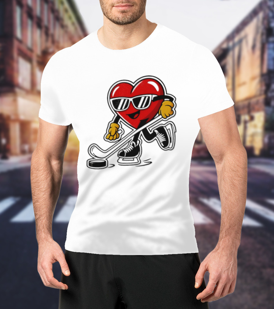 I Love Hockey Heart Character With Sunglasses And Stick T-Shirt