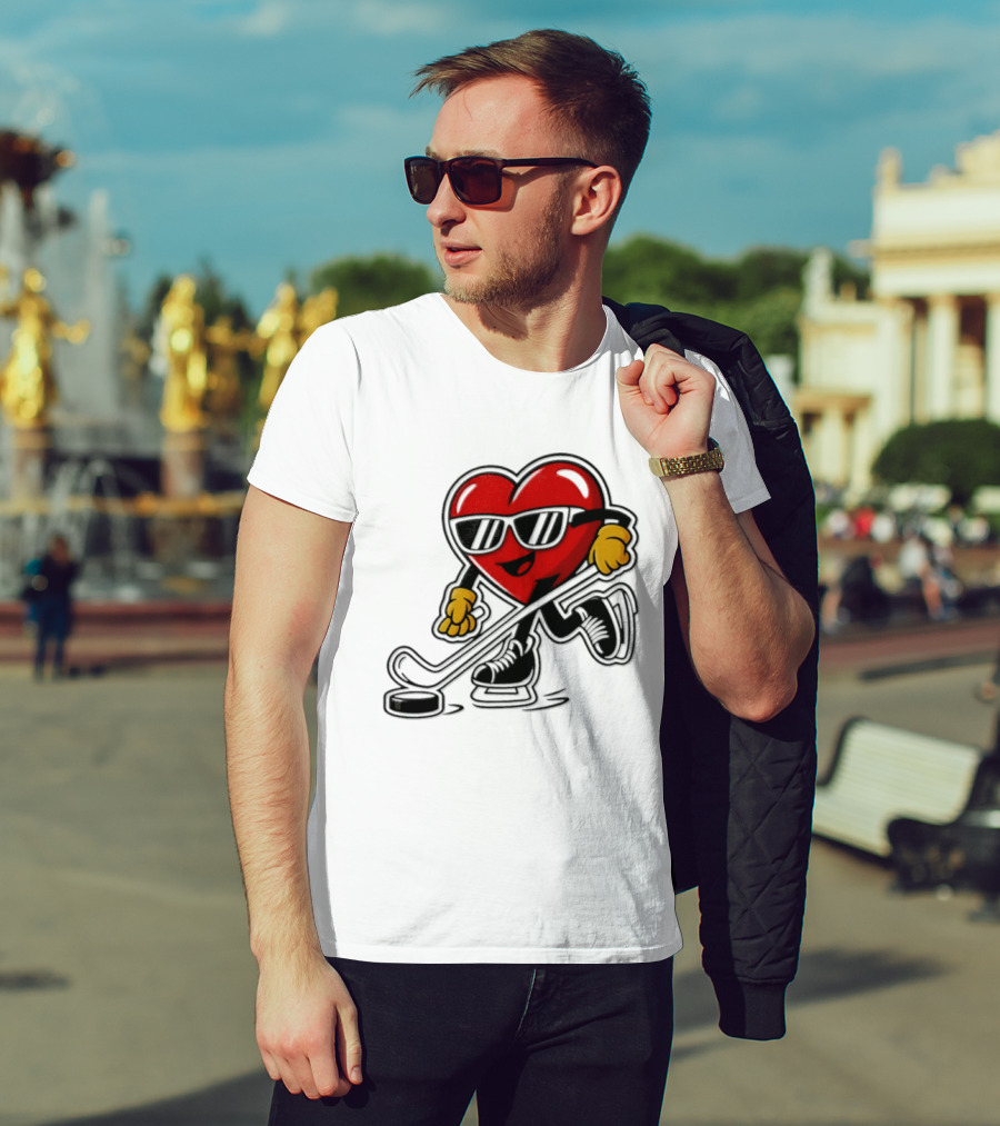 I Love Hockey Heart Character With Sunglasses And Stick T-Shirt