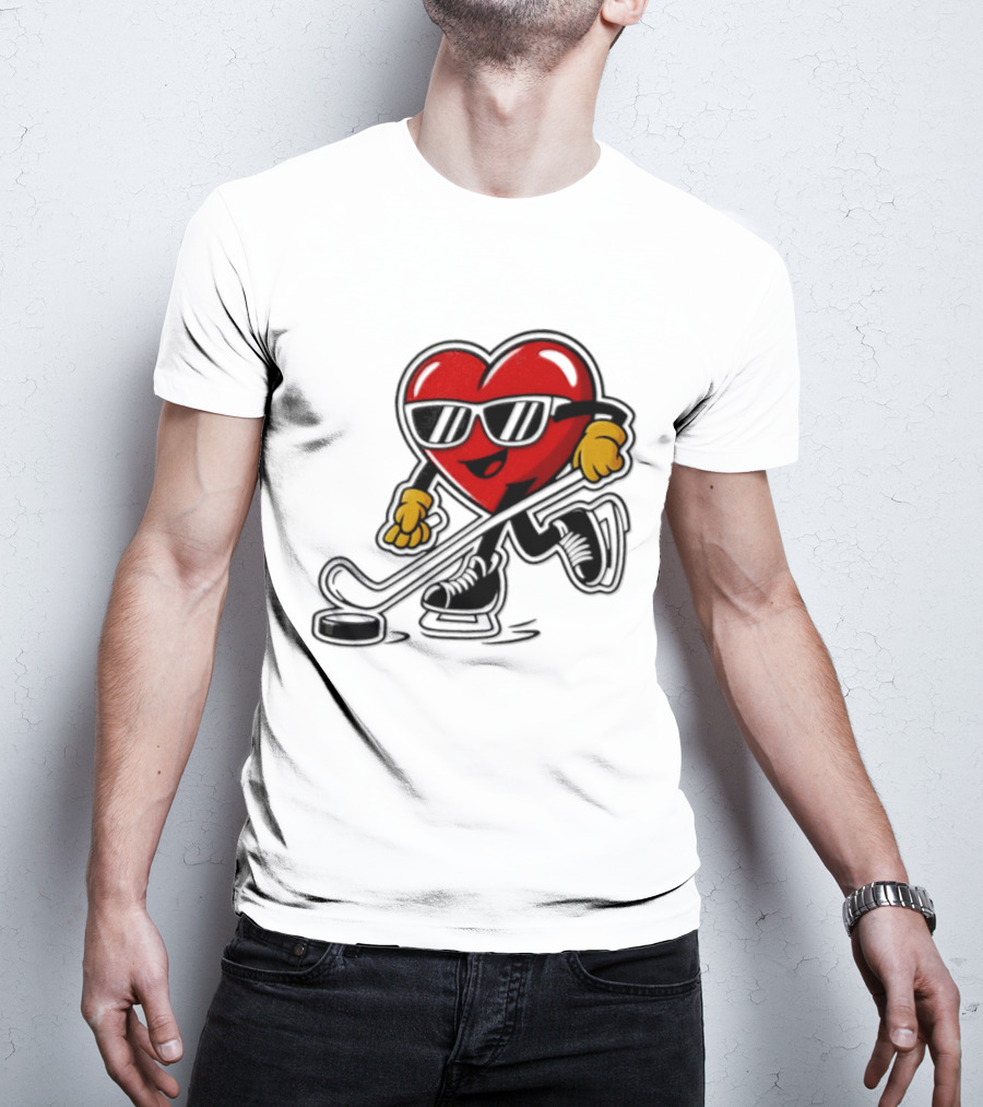 I Love Hockey Heart Character With Sunglasses And Stick T-Shirt