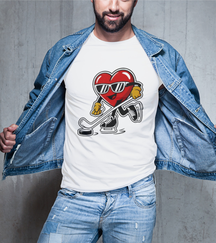 I Love Hockey Heart Character With Sunglasses And Stick T-Shirt