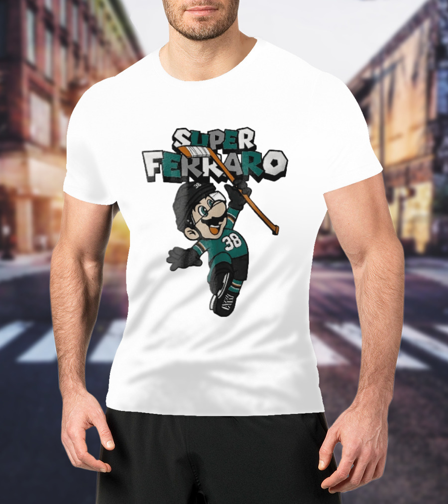 Super Ferraro Mario 38 Ice Hockey Player Jumping Stick Cartoon Caricature T-Shirt