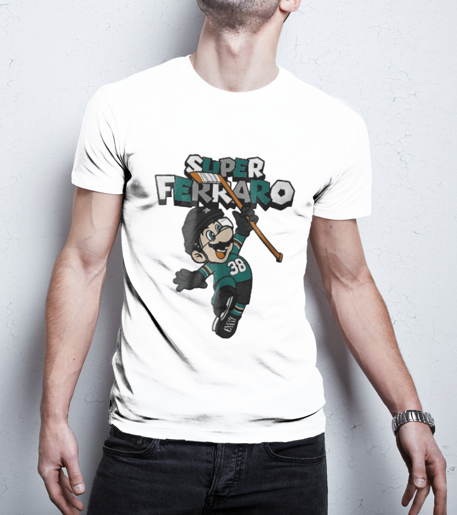 Super Ferraro Mario 38 Ice Hockey Player Jumping Stick Cartoon Caricature T-Shirt