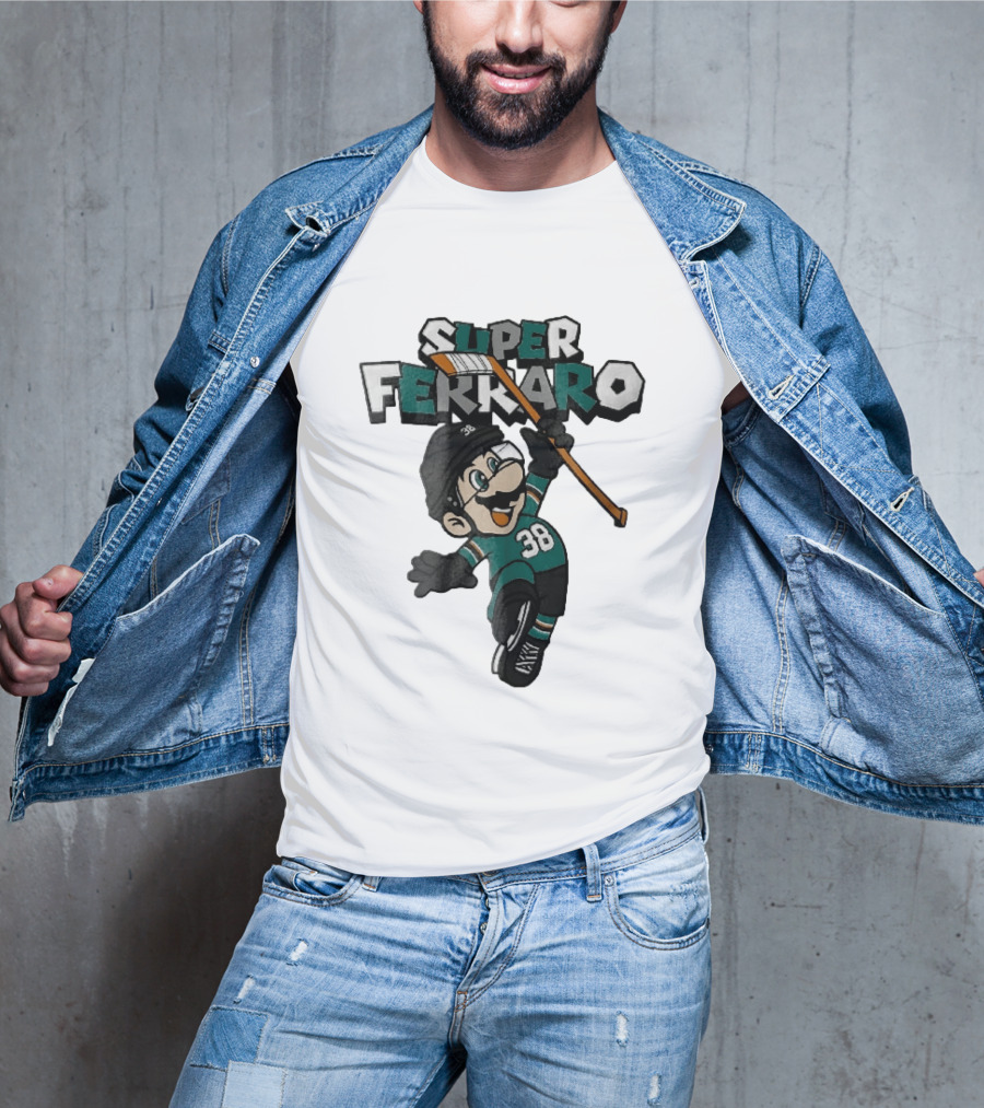 Super Ferraro Mario 38 Ice Hockey Player Jumping Stick Cartoon Caricature T-Shirt