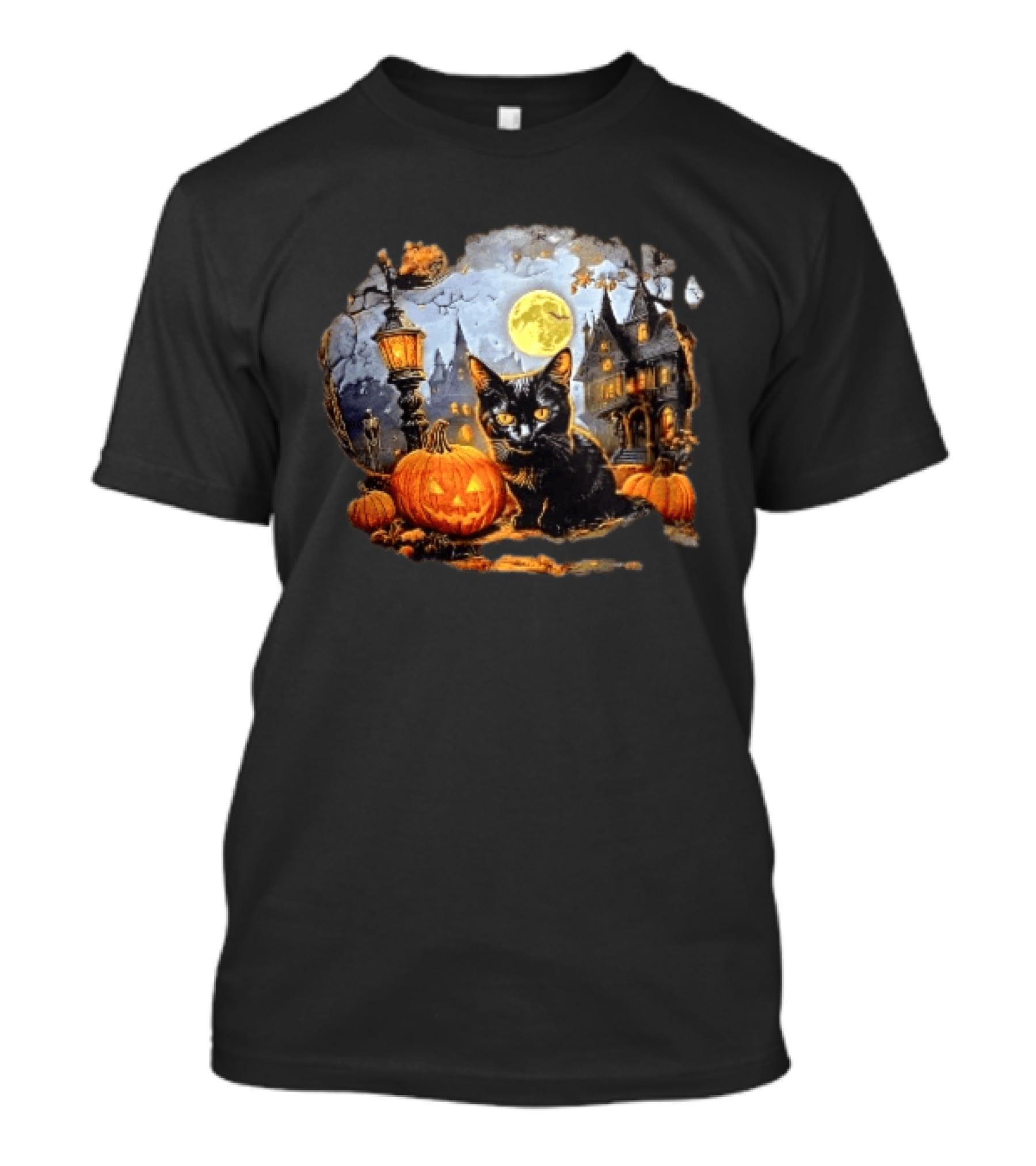 Black Cat Haunted House Pumpkin Full Moon Halloween Magic T-Shirt