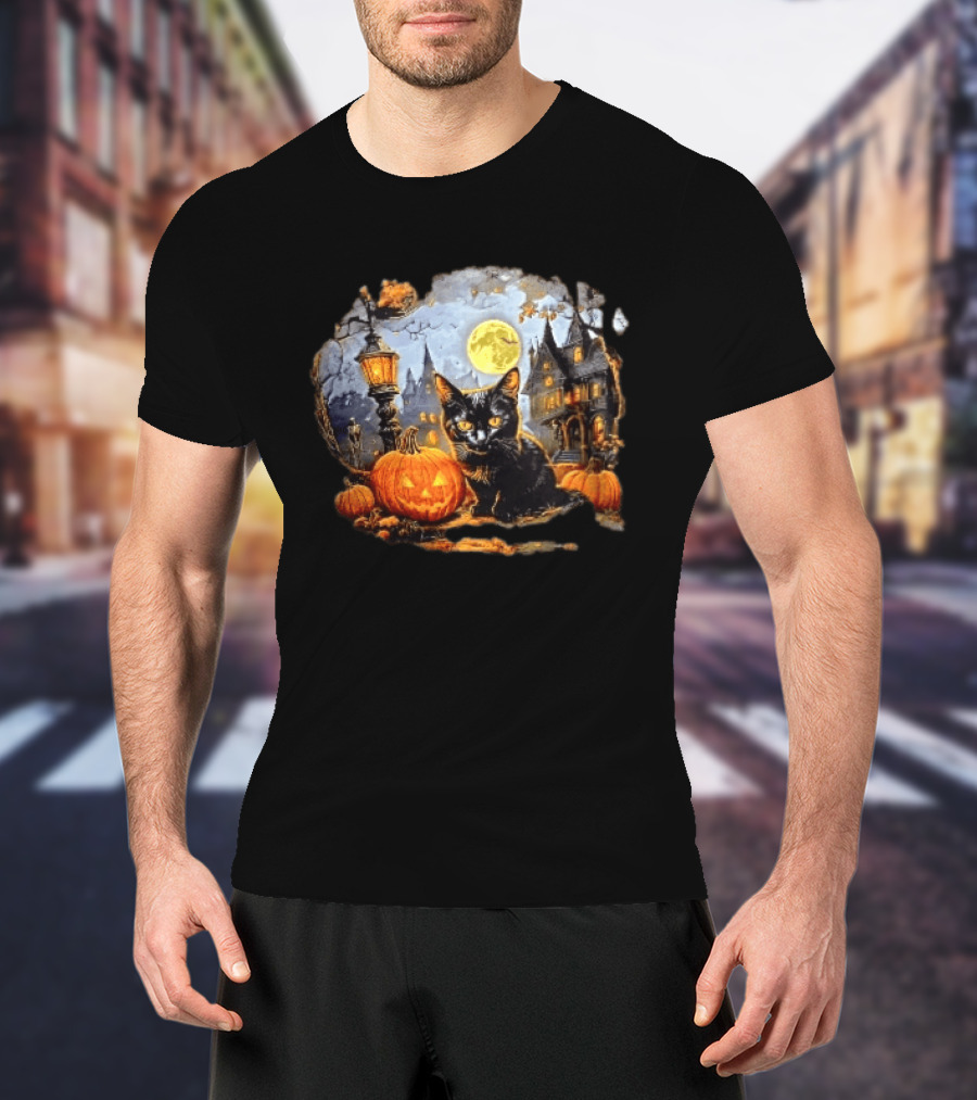 Black Cat Haunted House Pumpkin Full Moon Halloween Magic T-Shirt