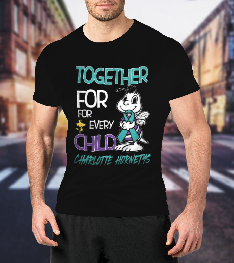 TOGETHER FOR EVERY CHILD Charlotte Hornets Cartoon Hornet Holding Ribbon Woodstock T-Shirt
