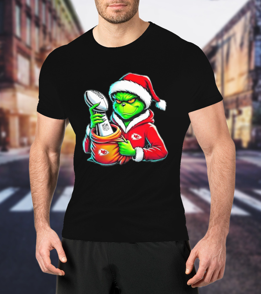 Kansas City Chiefs Grinch Christmas Holiday NFL Trophy Santa Hat T-Shirt