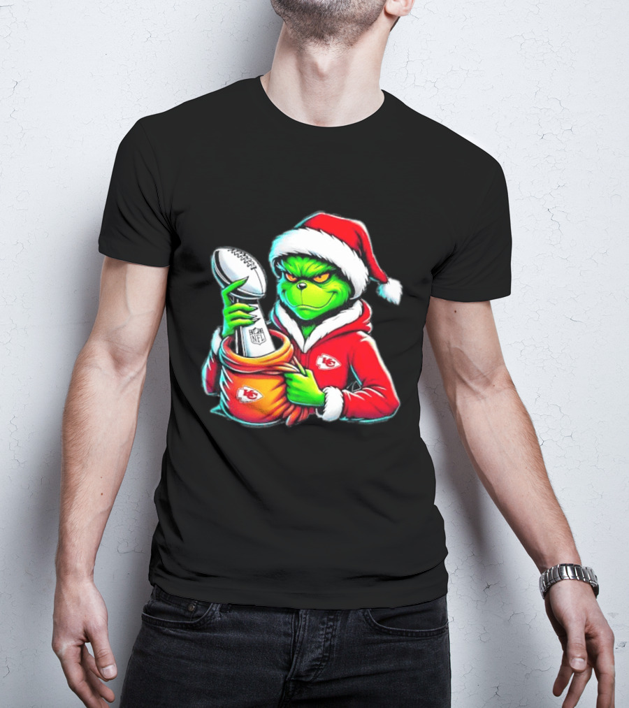 Kansas City Chiefs Grinch Christmas Holiday NFL Trophy Santa Hat T-Shirt