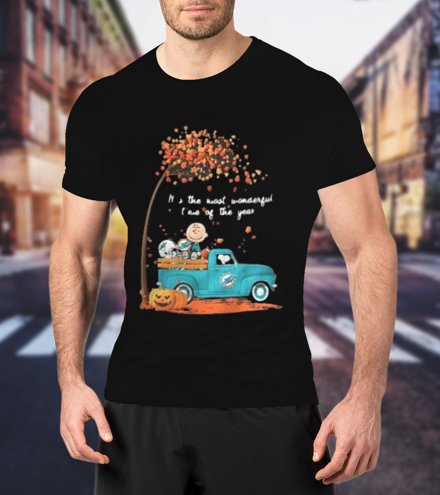 Miami Dolphins Charlie Brown Snoopy Pickup Truck Pumpkins Most Wonderful Time Of Year T-Shirt