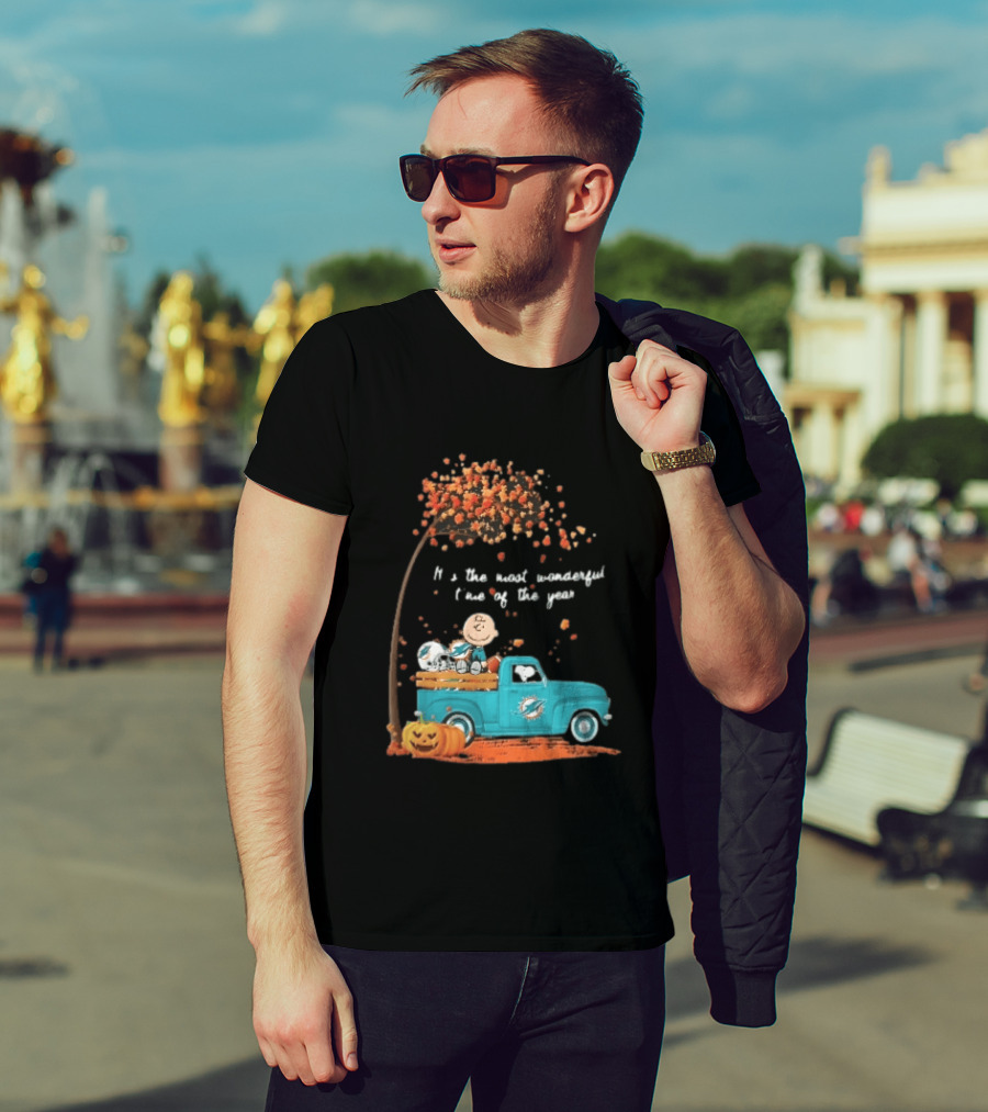 Miami Dolphins Charlie Brown Snoopy Pickup Truck Pumpkins Most Wonderful Time Of Year T-Shirt