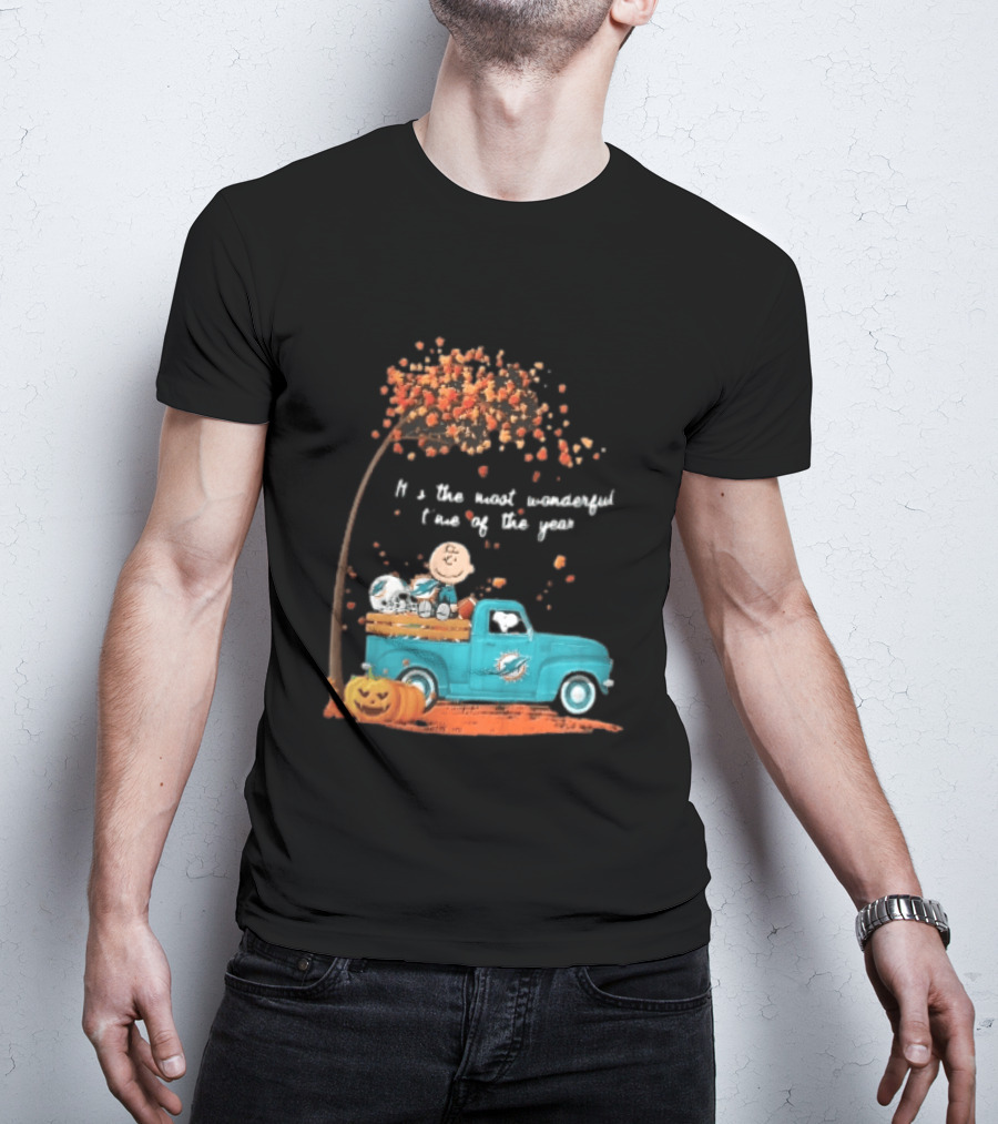 Miami Dolphins Charlie Brown Snoopy Pickup Truck Pumpkins Most Wonderful Time Of Year T-Shirt