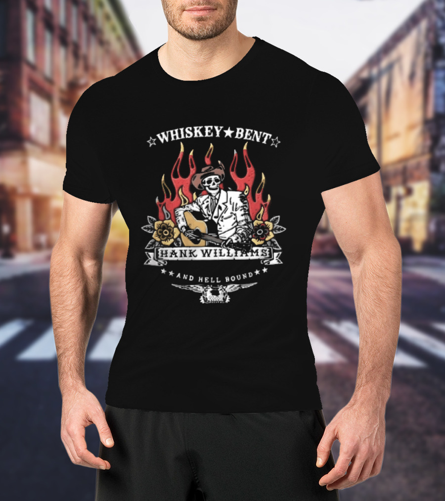 Hank Williams Jr Whiskey Bent And Hell Bound Western Guitar Flames T-Shirt