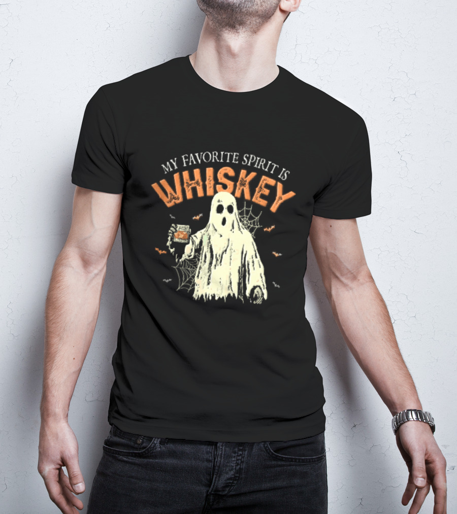 My Favorite Spirit Is Whiskey Ghost Holding Glass Bats Cobwebs Distressed T-Shirt