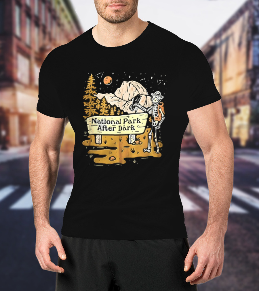National Park After Dark Skeleton Ranger With Raven And Mountain Cartoons T-Shirt