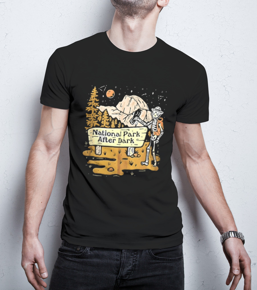 National Park After Dark Skeleton Ranger With Raven And Mountain Cartoons T-Shirt