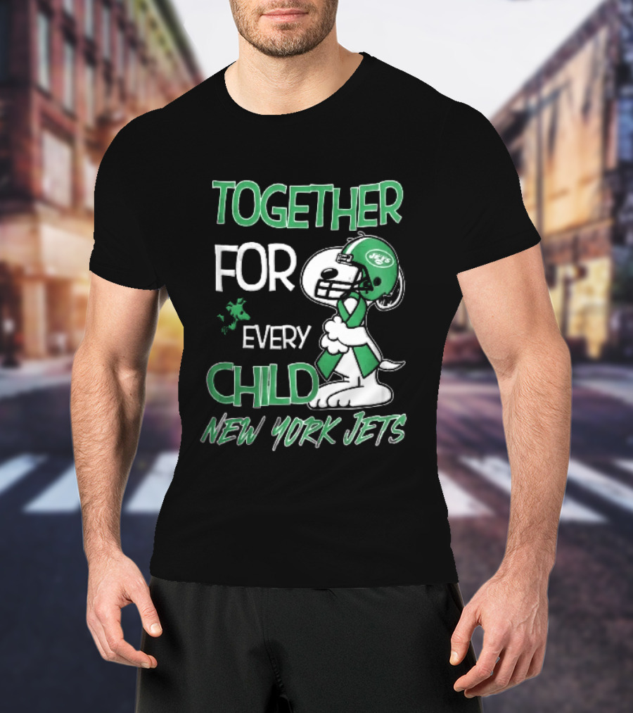 New York Jets Snoopy Woodstock Together For Every Child Football Helmet Green Ribbon T-Shirt