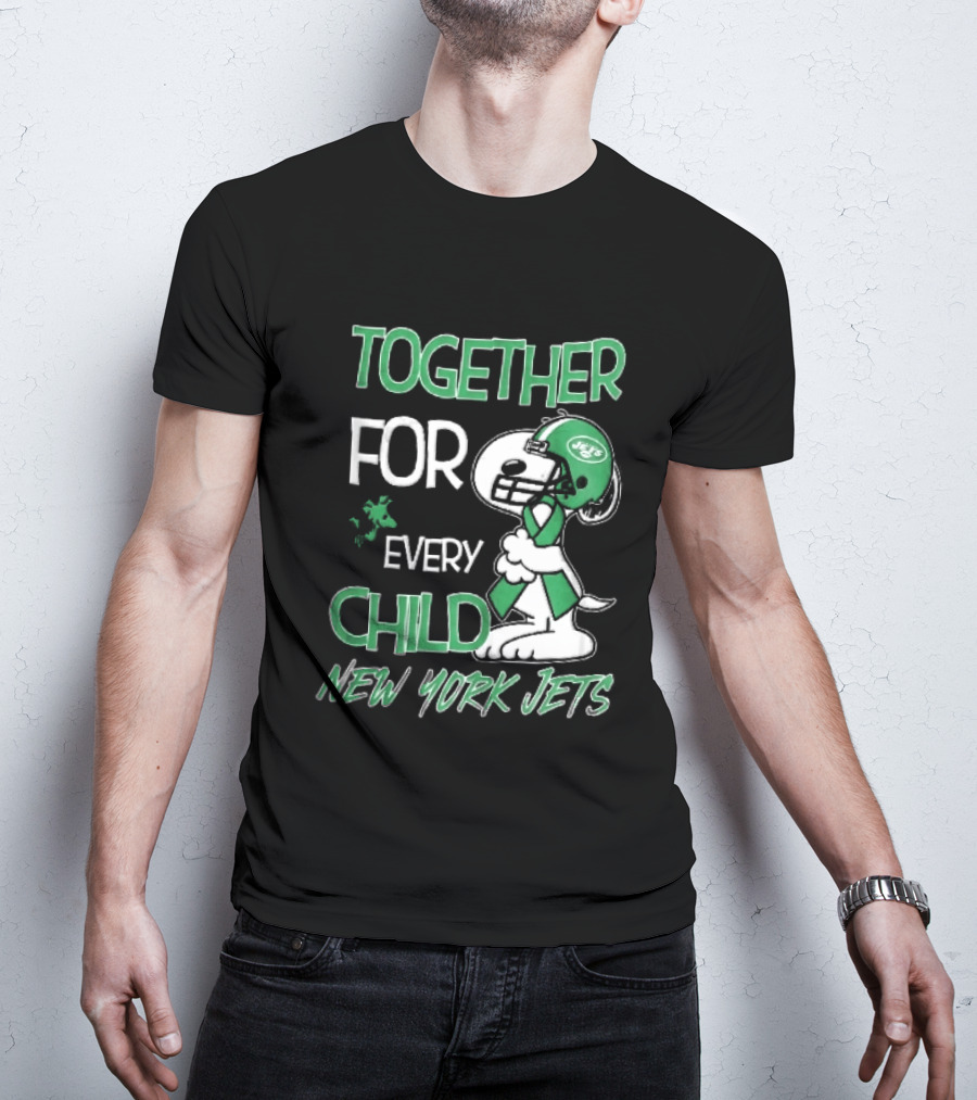 New York Jets Snoopy Woodstock Together For Every Child Football Helmet Green Ribbon T-Shirt