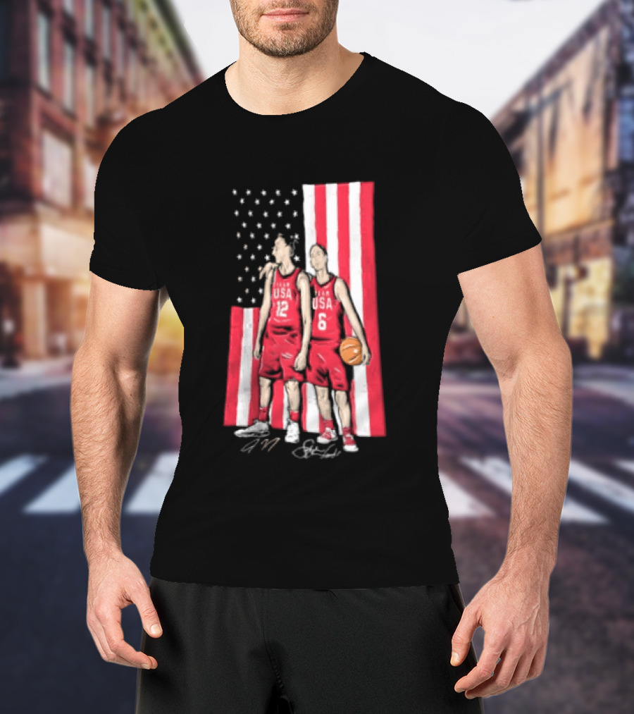 Sue Bird Diana Taurasi USA Basketball American Flag Signatures T-Shirt