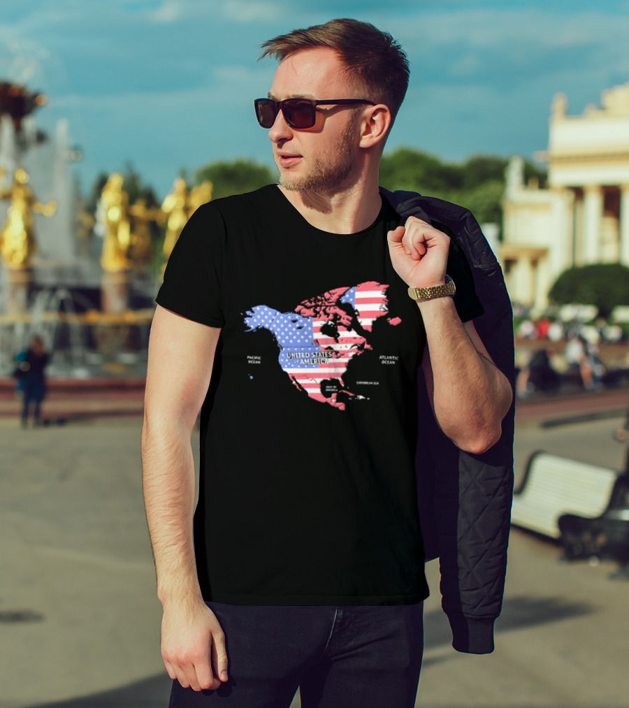 United States American Flag Map Of North America Featuring USA Canada Mexico Greenland T-Shirt