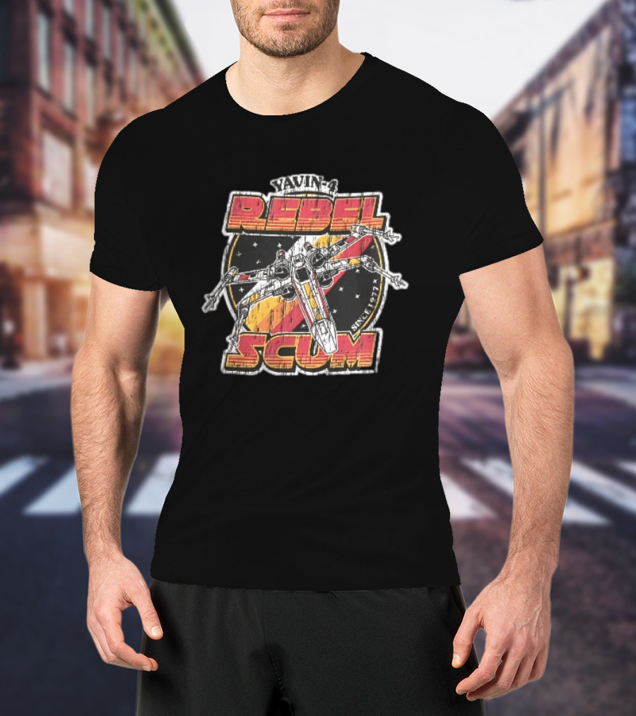 Yavin 4 Rebel Scum Since 1977 Distressed X Wing Starfighter Space T-Shirt