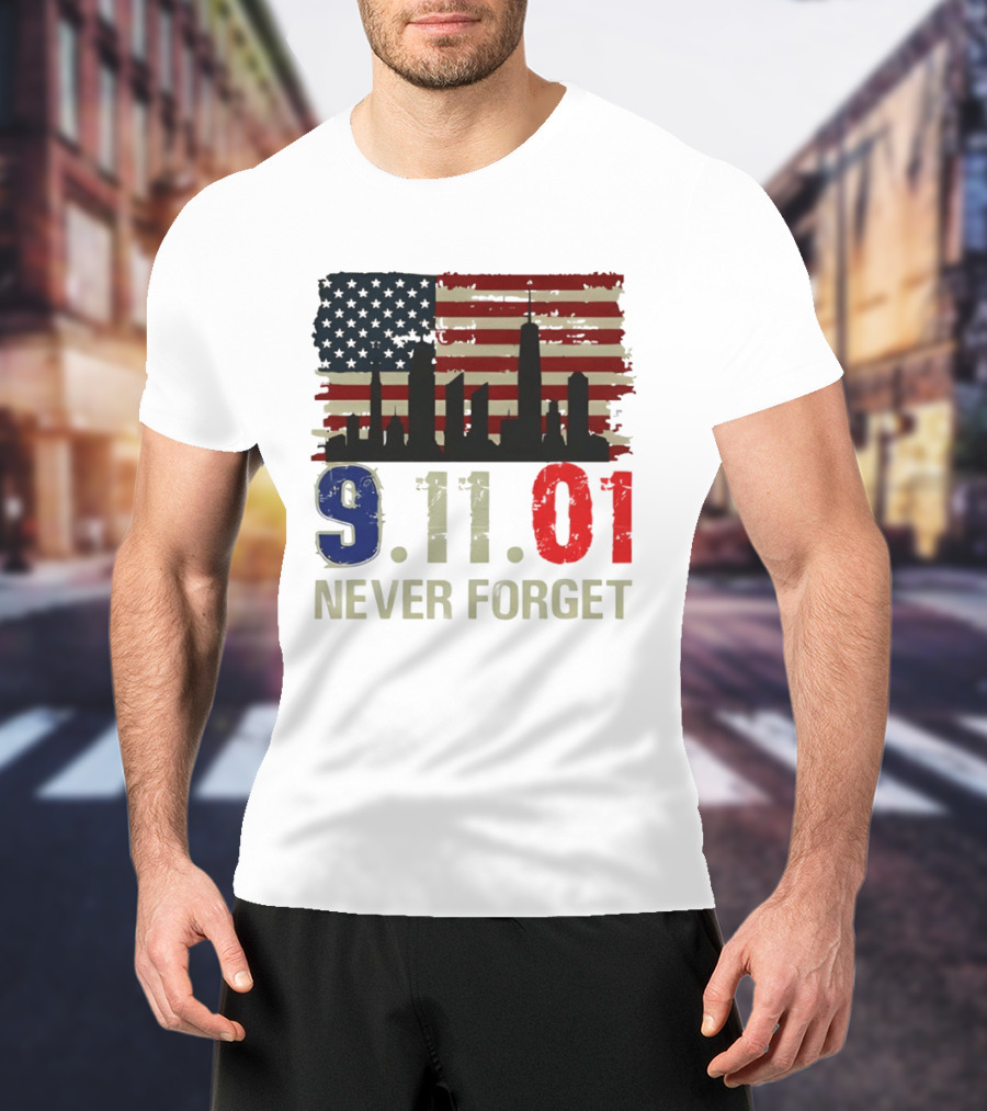 9.11.01 Never Forget American Flag Skyline Memorial Patriot 9 11 T-Shirt
