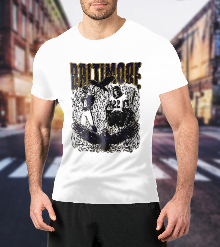 Baltimore Ravens Skeleton Grim Reaper Scythe Purple Flames Football Players Ravens T-Shirt