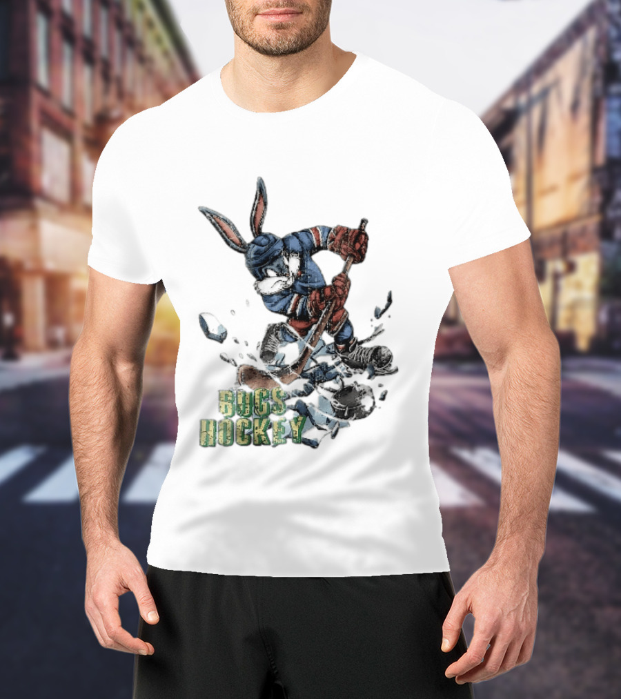 Bugs Hockey Cartoon Bunny Cracking Ice Puck Shot Distressed T-Shirt
