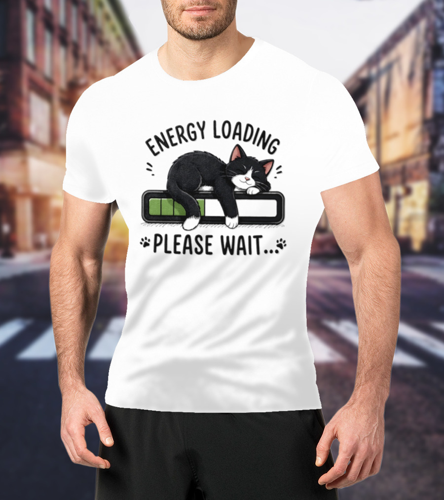 Cat Energy Loading Please Wait Sleeping Black Cat Battery Charge T-Shirt