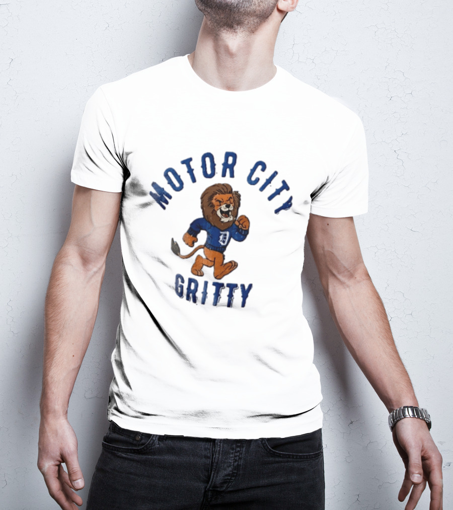 Motor City Gritty Distressed Cartoon Lion Running Detroit Lions T-Shirt