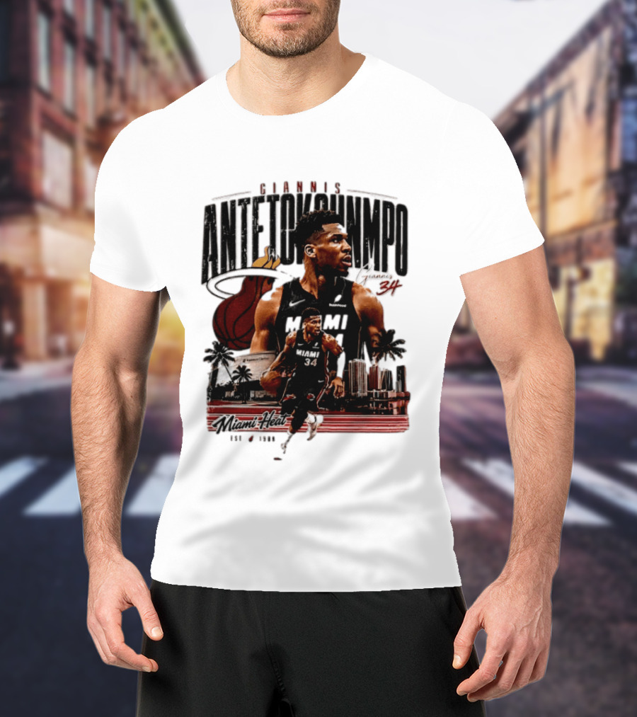 Giannis Antetokounmpo Miami Heat NBA Player Est 1988 Kaseya Center Palms And Cityscape T-Shirt