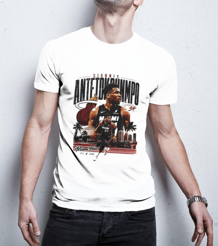 Giannis Antetokounmpo Miami Heat NBA Player Est 1988 Kaseya Center Palms And Cityscape T-Shirt