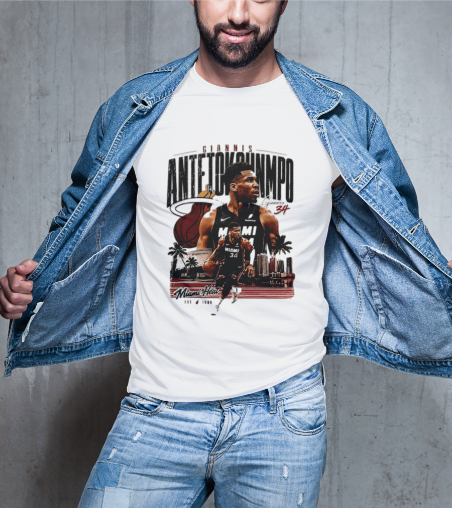 Giannis Antetokounmpo Miami Heat NBA Player Est 1988 Kaseya Center Palms And Cityscape T-Shirt